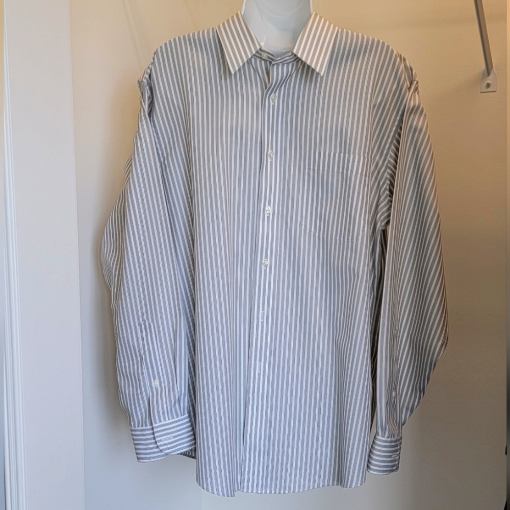 Jos A Bank Travelers Slim Fit Button Green Stripe Shirt SZ: 17-34